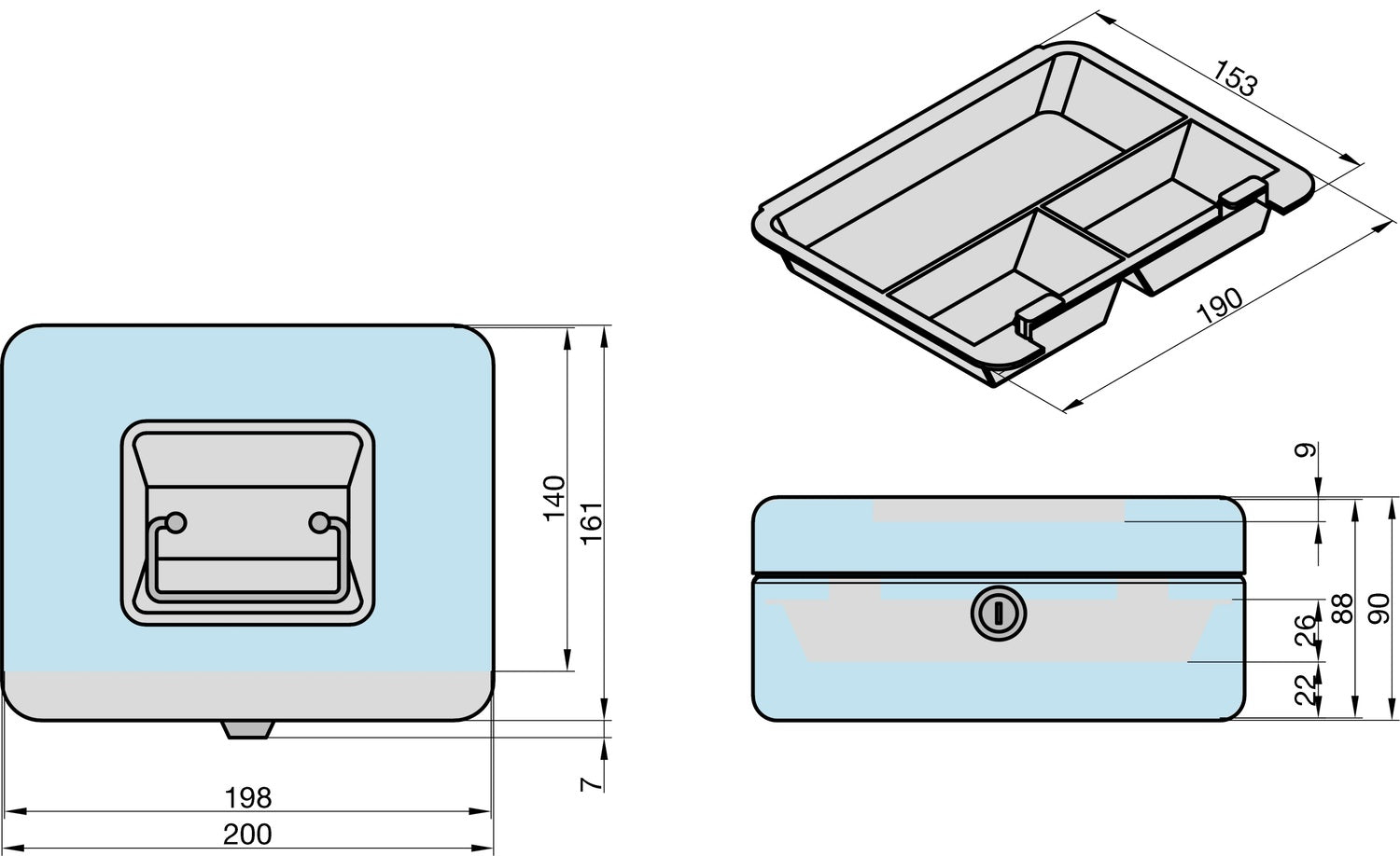 BASI GK 10M Geldkassette M Schwarz 3 Münzfächer Hebelschloss