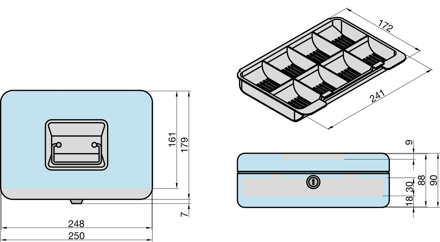 BASI GK 10L Geldkassette L Schwarz 8 Münzfächer Hebelschloss
