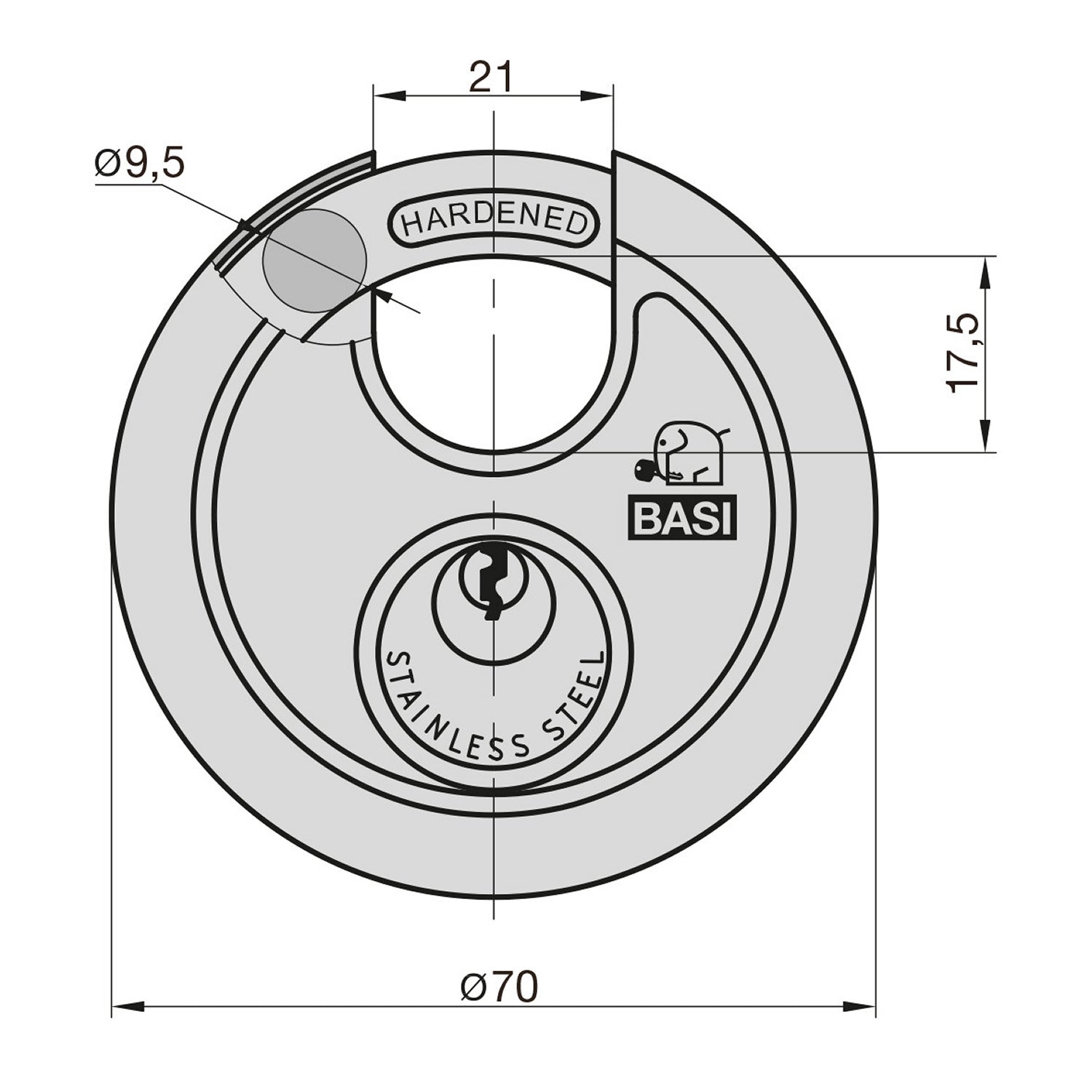BASI 6100-7001-704 Rundbügel Vorhängeschloss RVS 610 Edelstahl Ø70mm gleichschließend