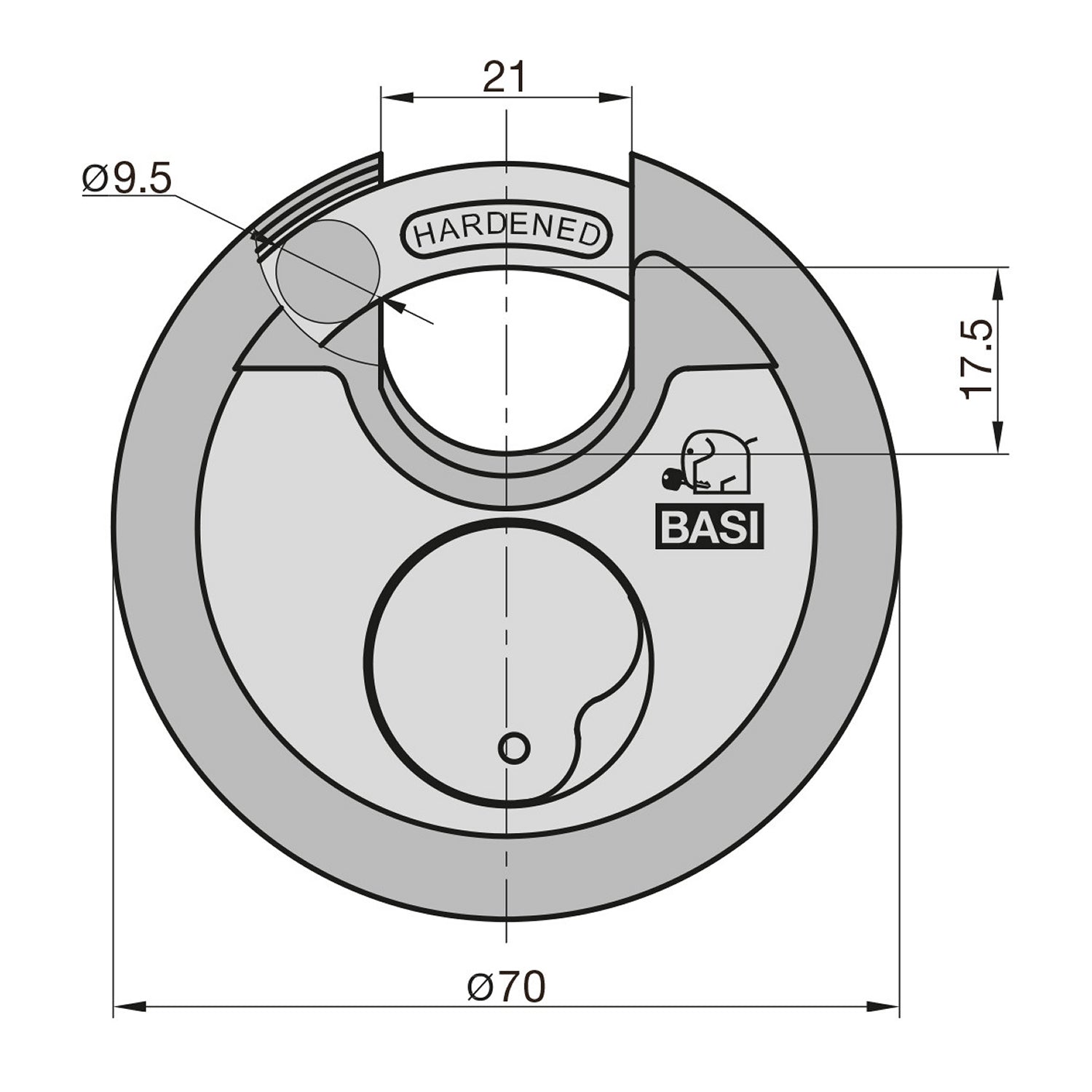 BASI 6100-7020 Rundbügel Vorhängeschloss RVS 610W wetterbeständig Ø70mm