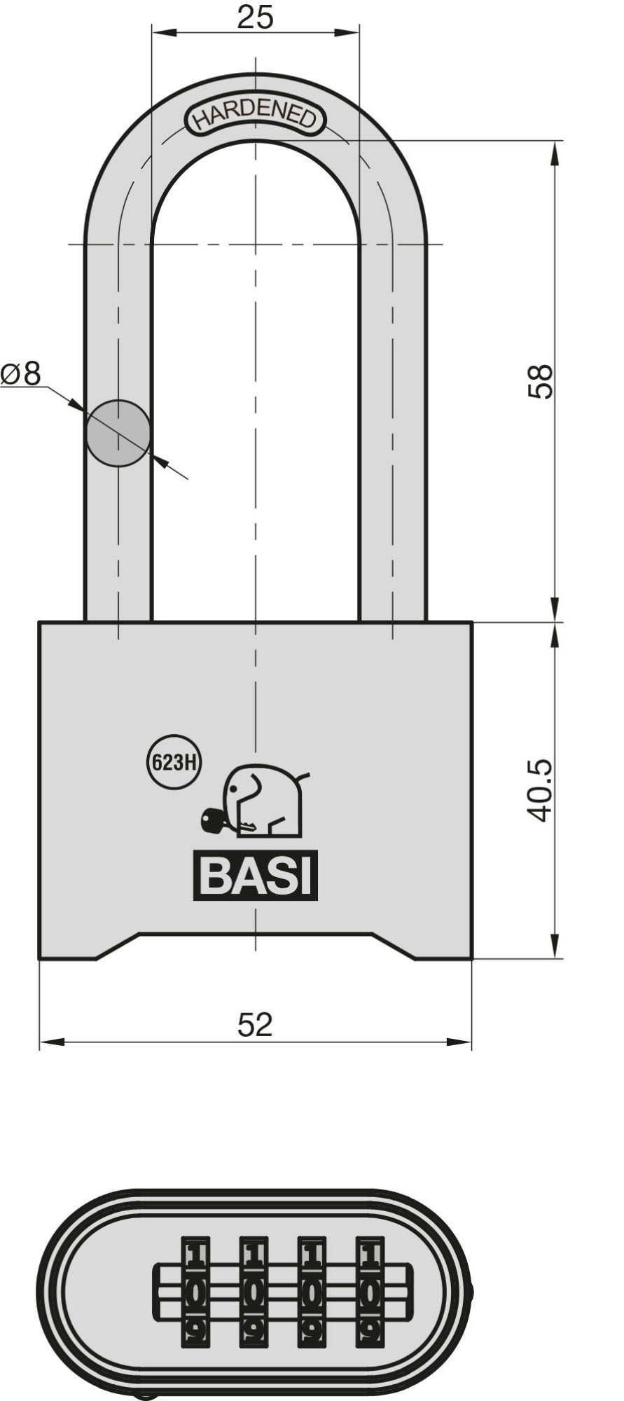 BASI 6231-5000 Vorhängeschloss VHS 623H Messing hoher Bügel Zahlenschloss