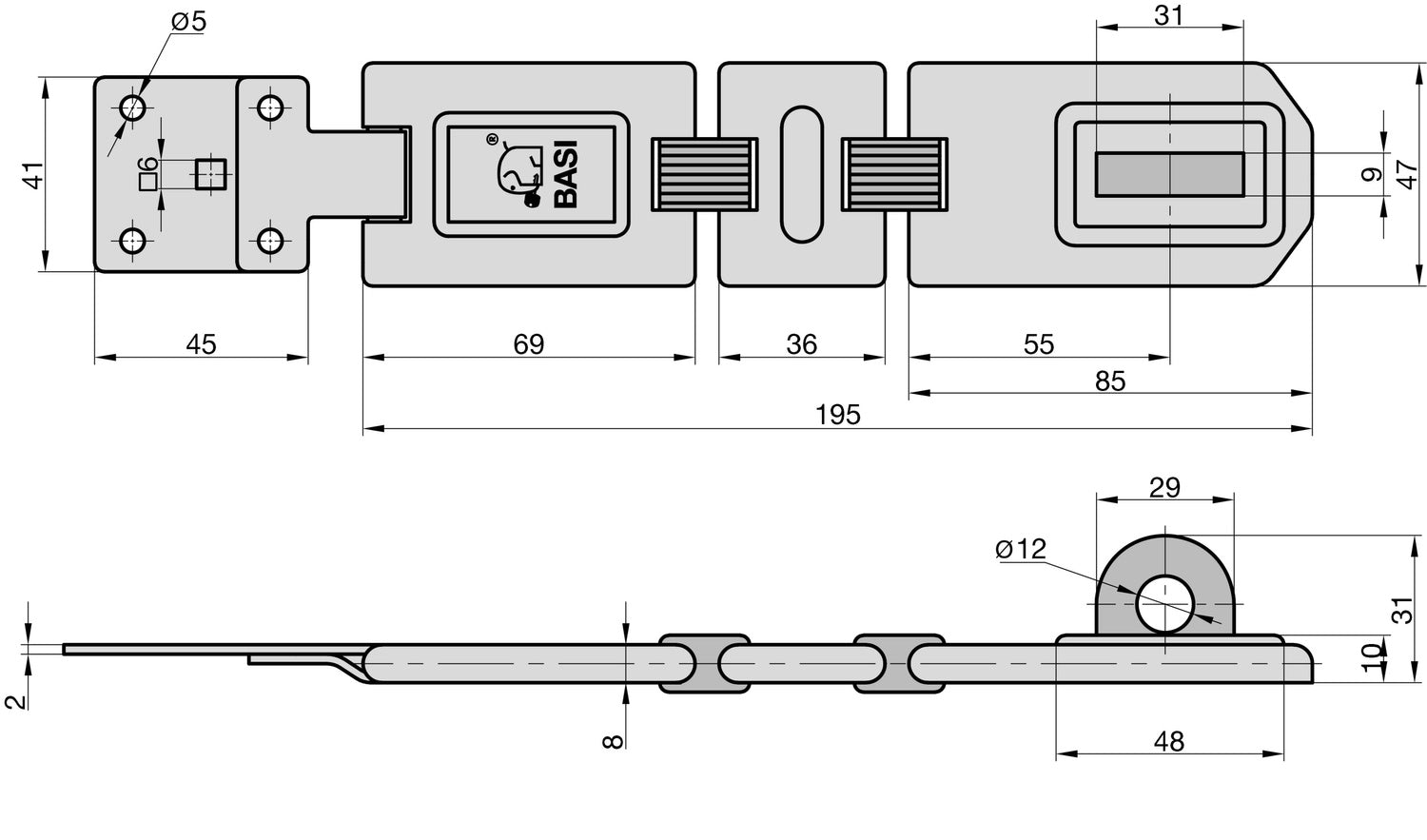 BASI 6901-0195 Sicherheitsüberfalle SF 50 - 195 2 Gelenke Länge 195mm Riegel Schlösser