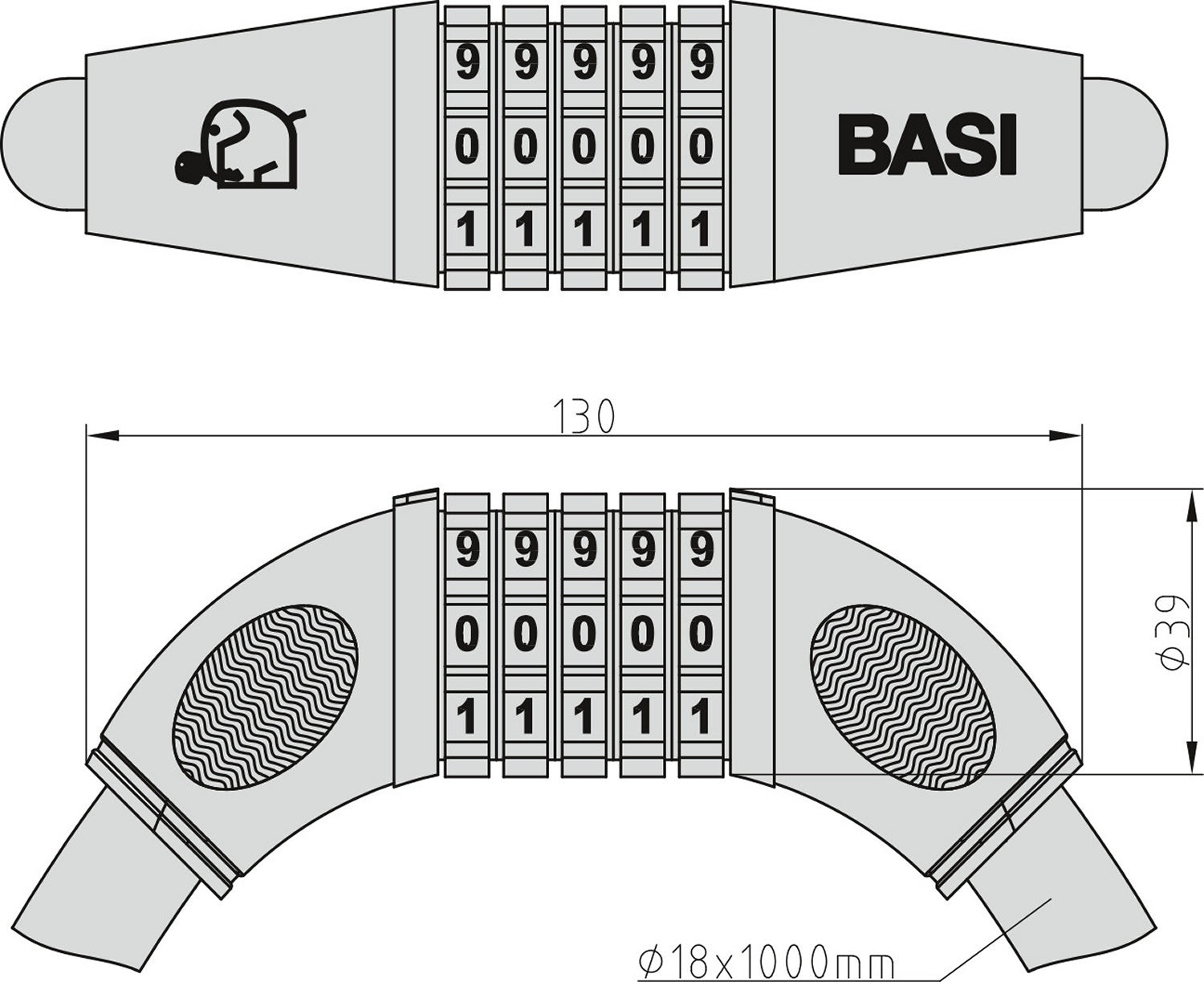 BASI 6990-0308 ZR 308 Fahrrad Panzerkabel Zahlenschloss 18 x 1000mm Fahrradschloss