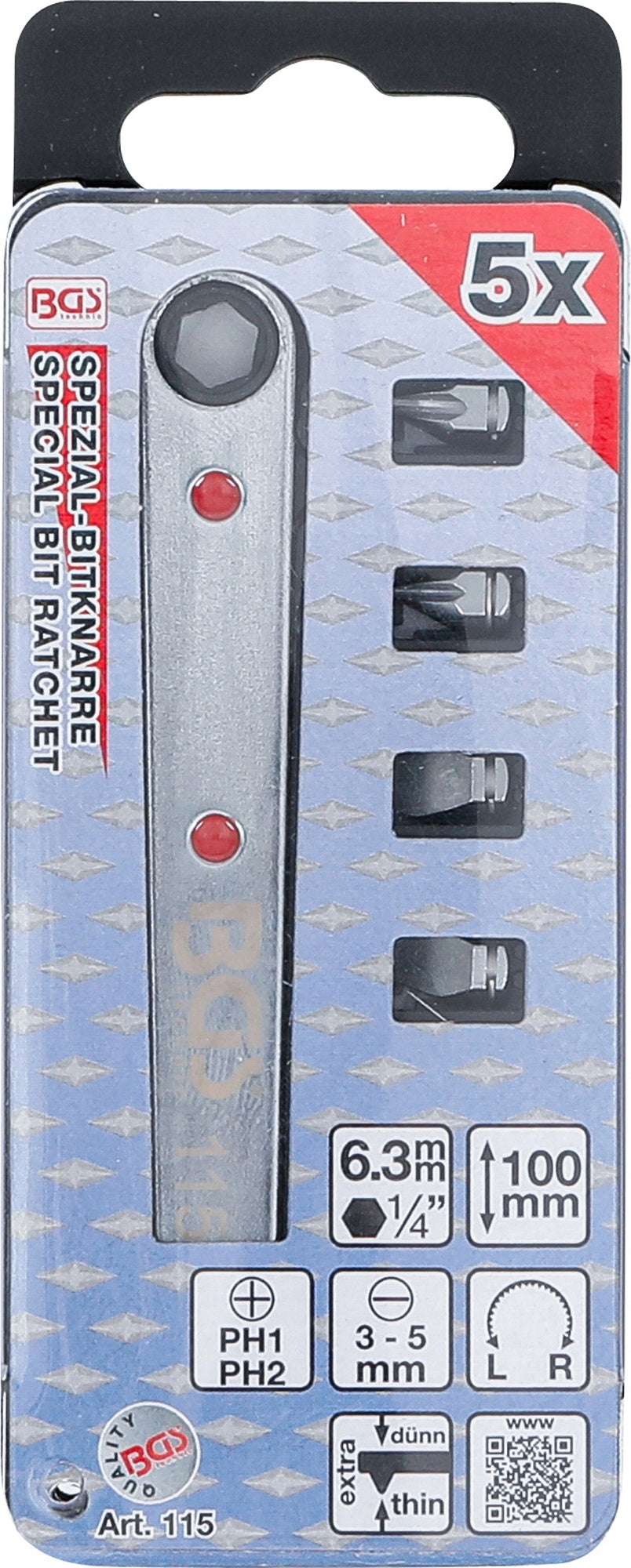 BGS 115 Spezial Bitknarre ultra dünn Abtrieb Innensechskant 6,3mm (1/4") inkl. 4 Spezialbits