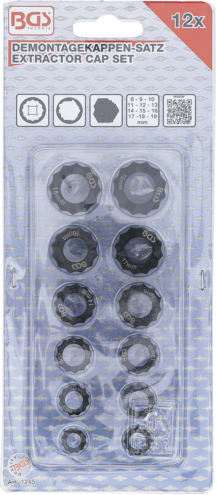 BGS 1245 Satz Demontagekappen für beschädigte Sechskant-Schrauben und Muttern 12-teilig
