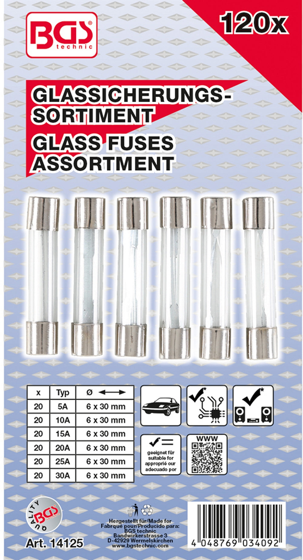 BGS 14125 Sortiment Glassicherungen Ø 6 x 30mm 120 teilig