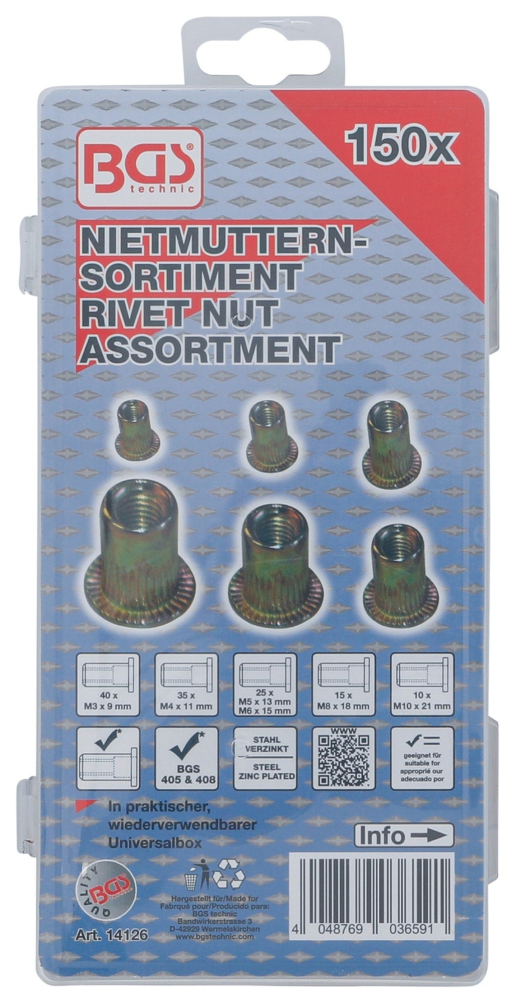 BGS 14126 Sortiment Nietmuttern Stahl M3 M4 M5 M6 M8 M10 verzinkt 150 teilig