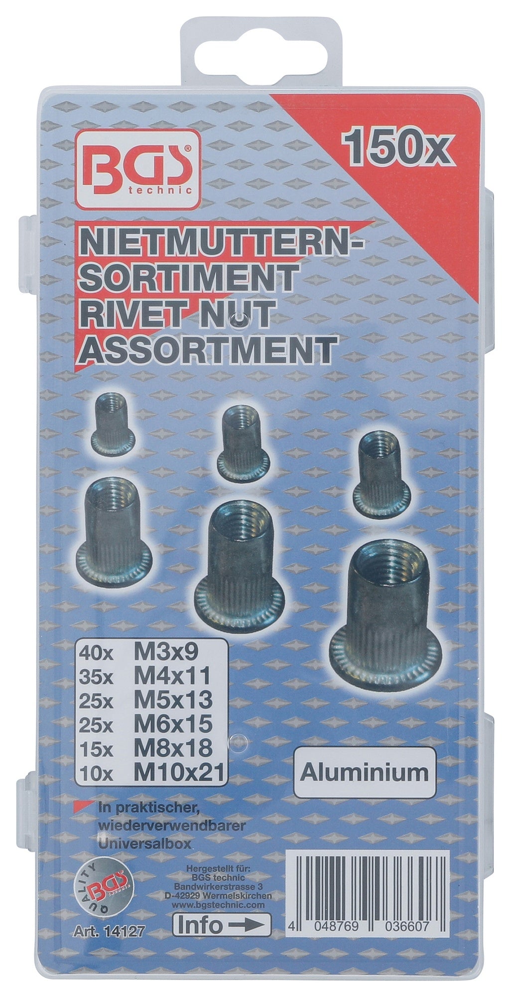 BGS 14127 Sortiment Nietmuttern aus Aluminium 150 teilig