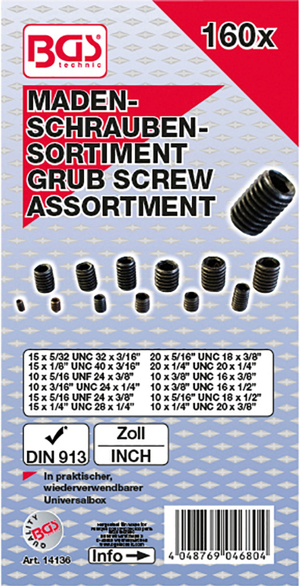 BGS 14136 Sortiment Madenschrauben ZOLL / Inch Gewinde 160 teilig