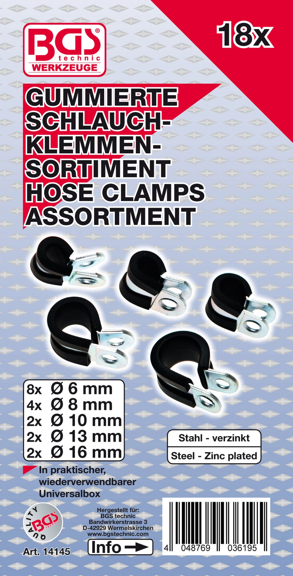 BGS 14145 Sortiment Schlauchklemmen gummiert Ø 6 - 16mm 18 teilig