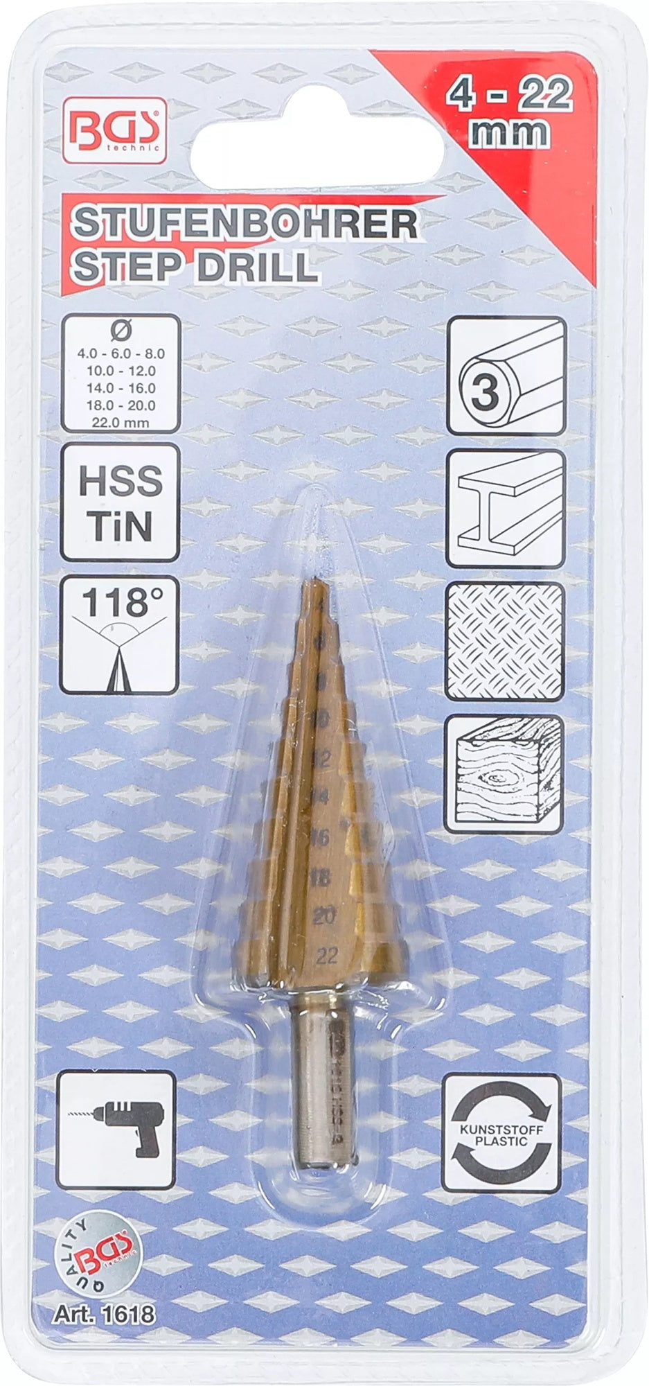 BGS 1618 Stufenbohrer mit Titanüberzug Ø4 - 22 mm 2mm steigend