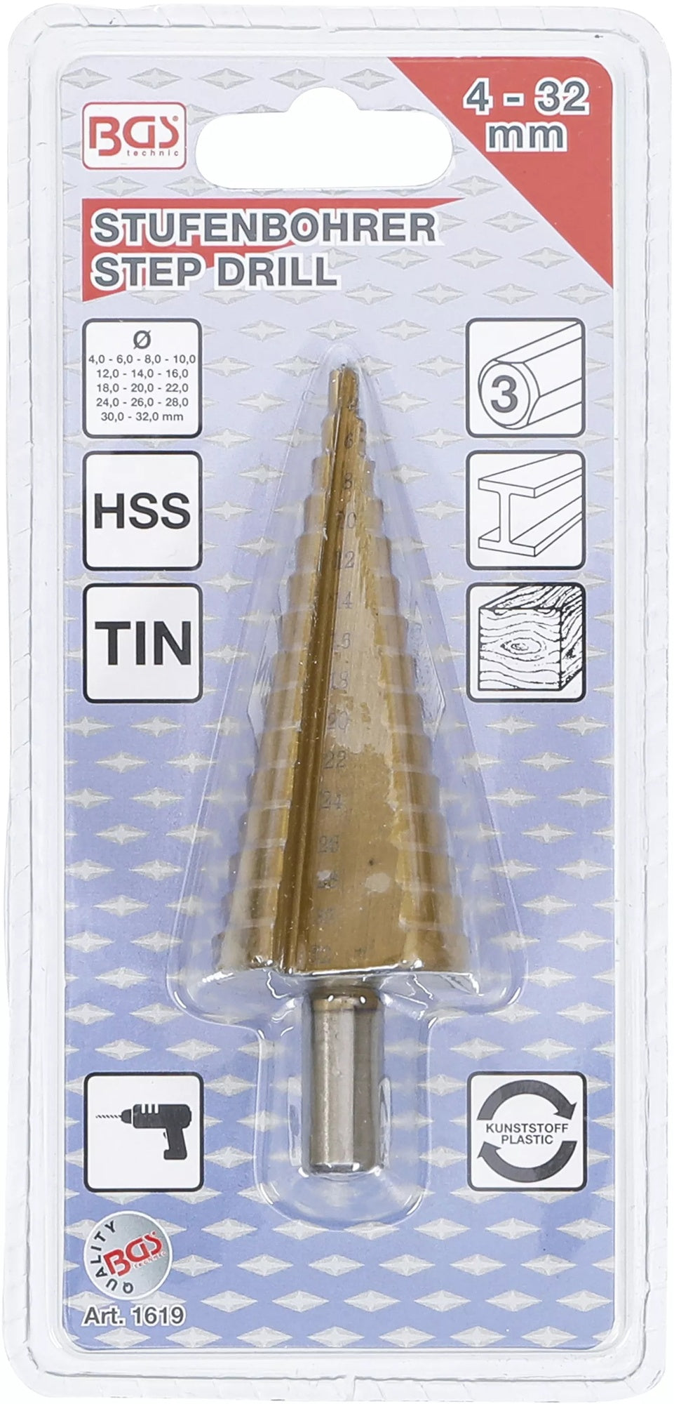 BGS 1619 Stufenbohrer mit Titanüberzug Ø4 - 32mm 2mm steigend
