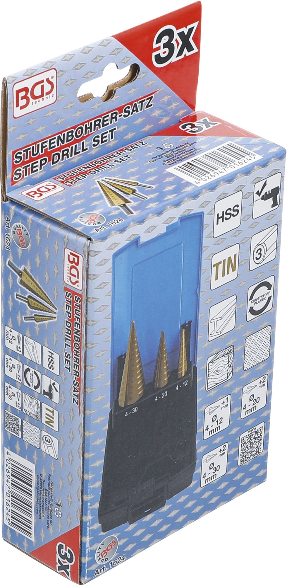 BGS 1624 Satz Stufenbohrer mit Titanüberzug Ø4 -30mm 3 teilig 2mm steigend