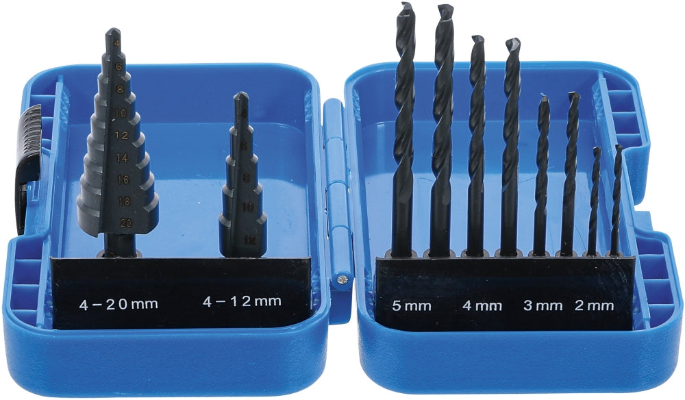 BGS 1686 Satz Stufenbohrer Ø 4 - 12mm & Ø 4 - 20mm und Spiralbohrer 2 - 5mm HSS 10 teilig