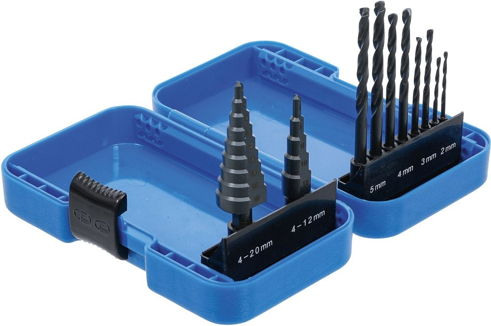 BGS 1686 Satz Stufenbohrer Ø 4 - 12mm & Ø 4 - 20mm und Spiralbohrer 2 - 5mm HSS 10 teilig