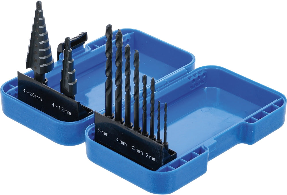 BGS 1686 Satz Stufenbohrer Ø 4 - 12mm & Ø 4 - 20mm und Spiralbohrer 2 - 5mm HSS 10 teilig