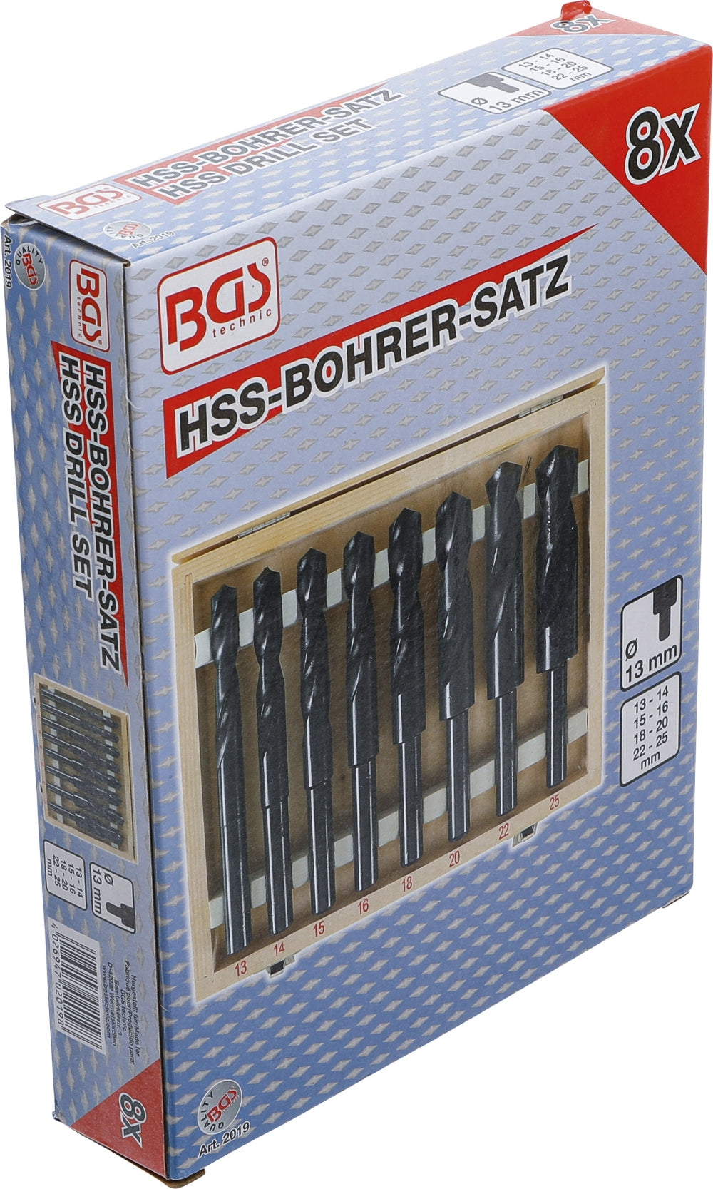 BGS 2019 Satz HSS Bohrer Ø13 - Ø25mm 8 teilig mit Schaft Ø13mm