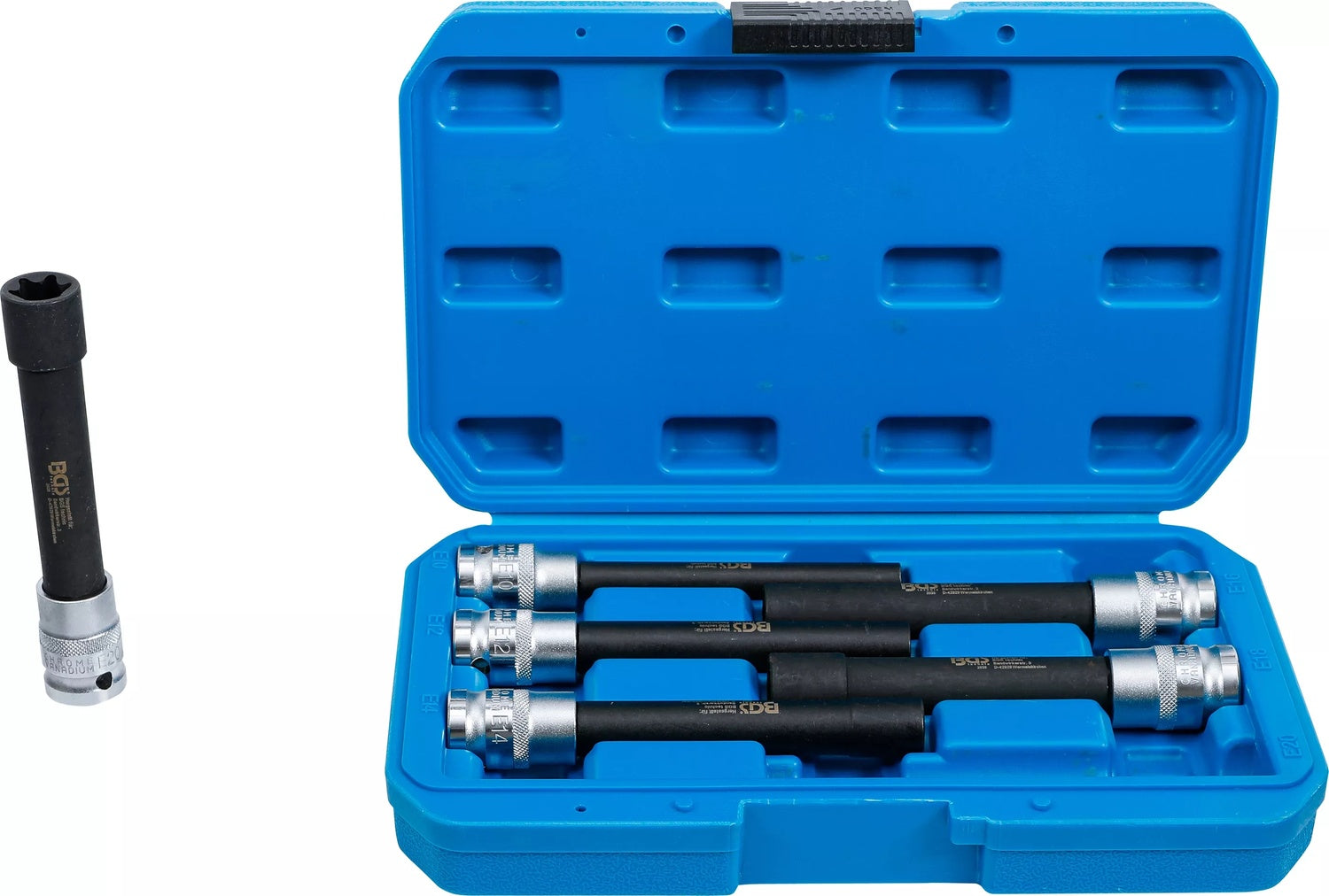 BGS 2028 Satz Steckschlüsseleinsätze E-Profil extra lang Antrieb 12,5mm (1/2") SW E10 - E20 6 teilig