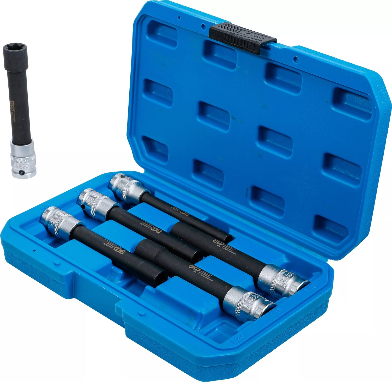 BGS 2028 Satz Steckschlüsseleinsätze E-Profil extra lang Antrieb 12,5mm (1/2") SW E10 - E20 6 teilig