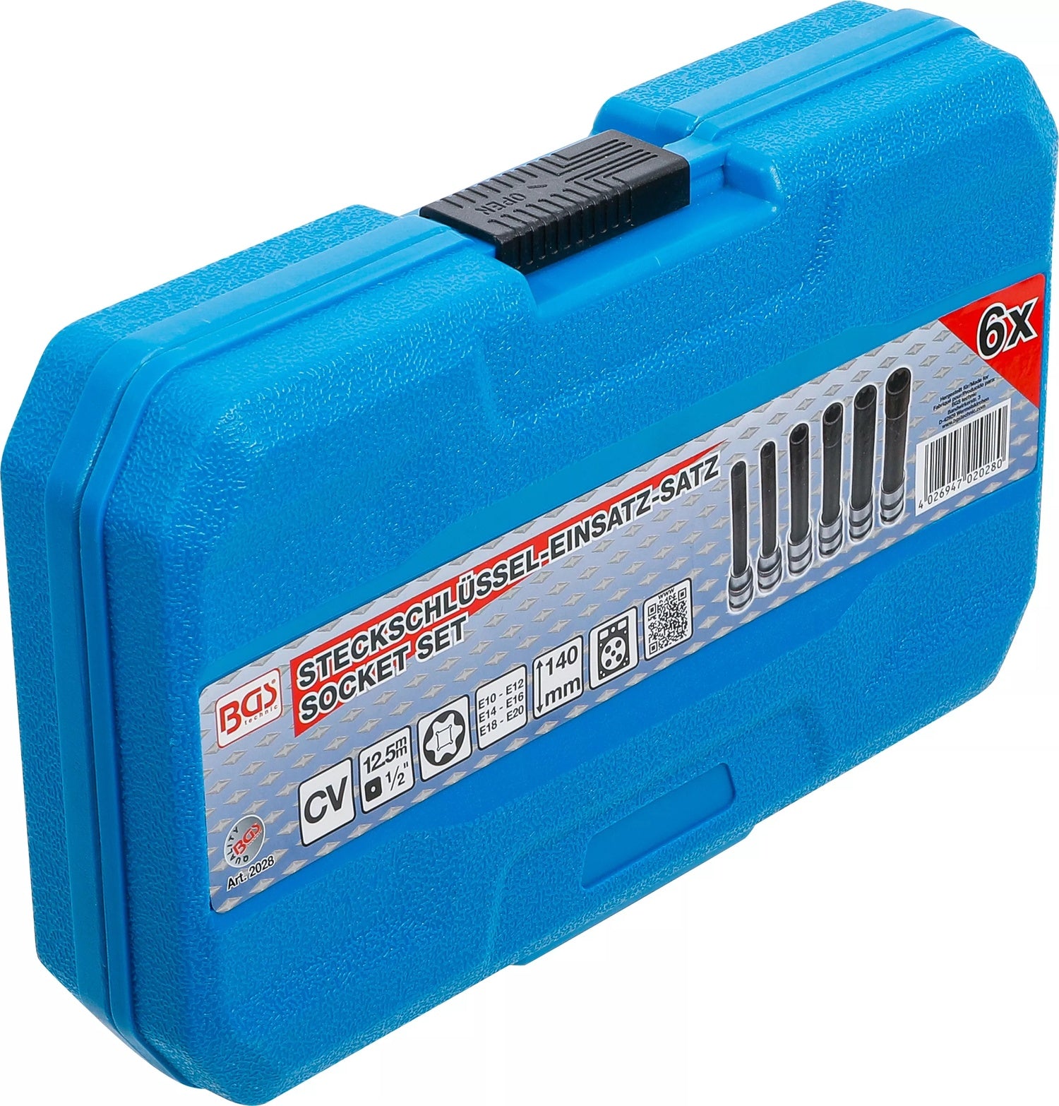 BGS 2028 Satz Steckschlüsseleinsätze E-Profil extra lang Antrieb 12,5mm (1/2") SW E10 - E20 6 teilig