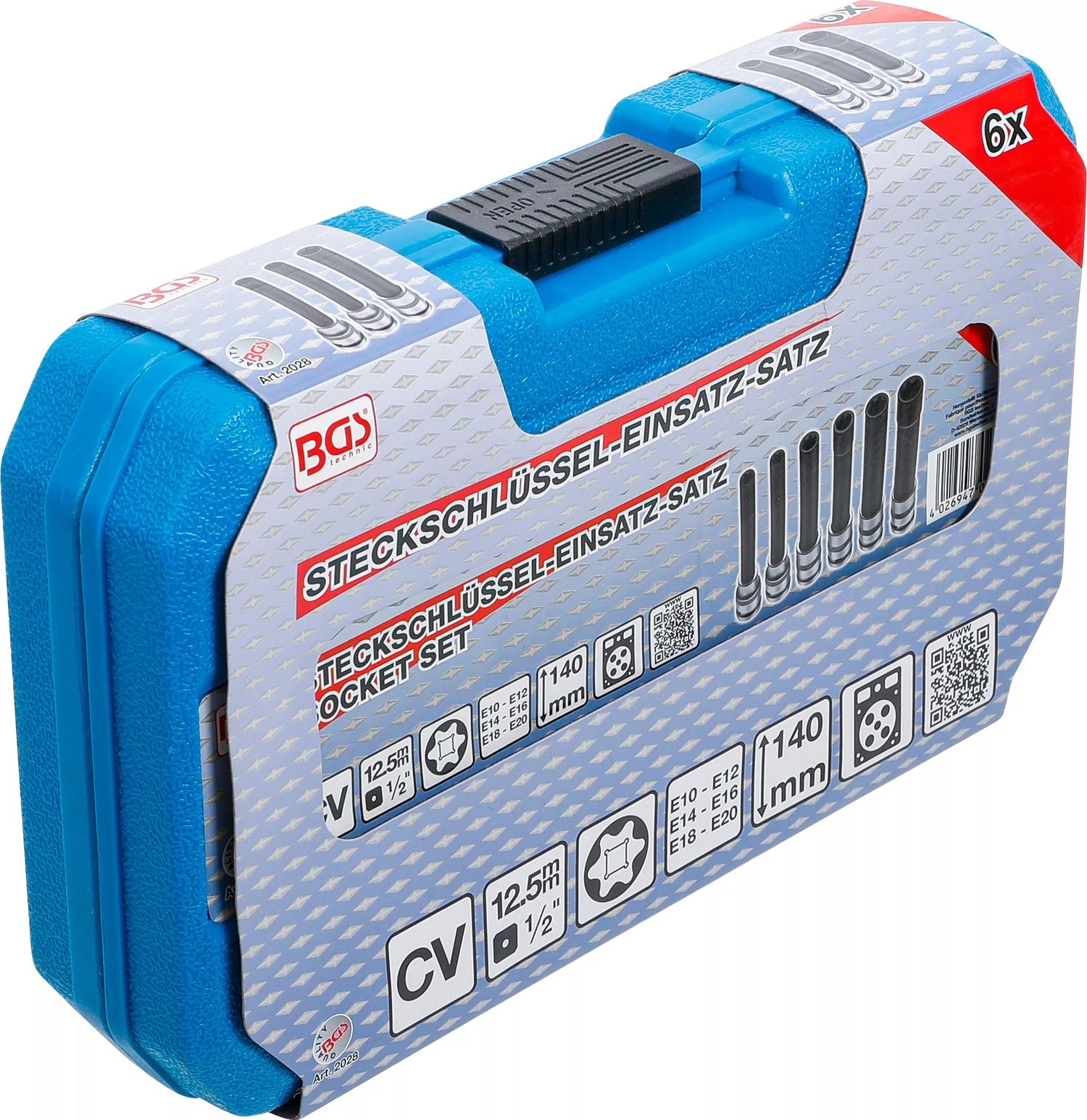 BGS 2028 Satz Steckschlüsseleinsätze E-Profil extra lang Antrieb 12,5mm (1/2") SW E10 - E20 6 teilig