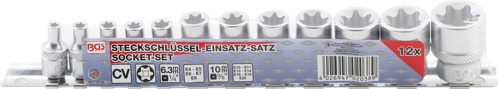 BGS 2038 Satz Steckschlüsseleinsätze E-Profil Antrieb Innenvierkant 6,3mm (1/4") / 10mm (3/8") SW E4 - E20