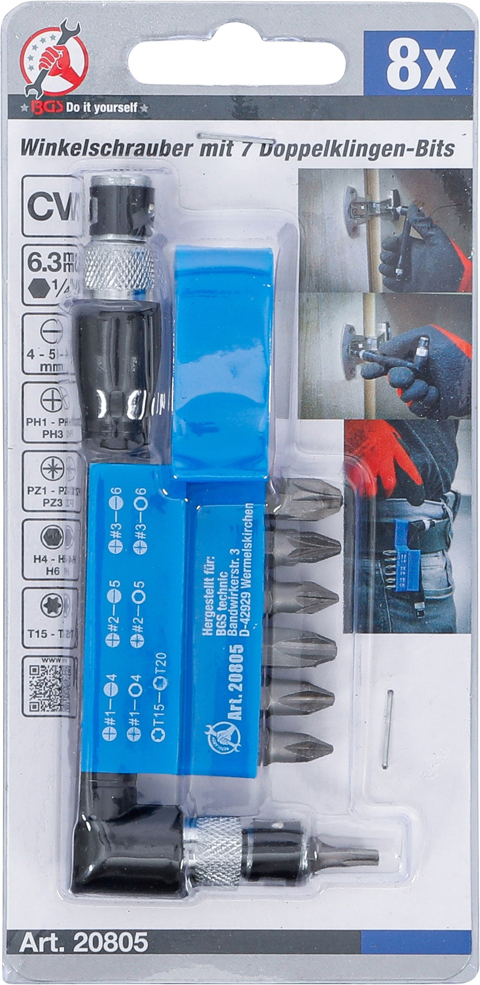 BGS DIY 20805 Winkelschrauber mit 7 Doppelklingen-Bits Antrieb 6,3mm (1/4") 8 teilig