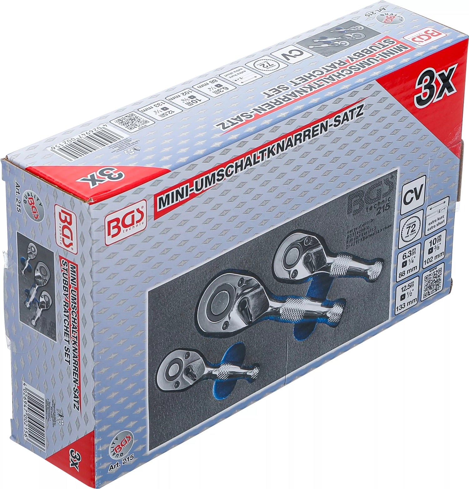 BGS 215 Satz Mini Umschaltknarren 6,3mm (1/4") / 10mm (3/8") / 12,5mm (1/2") 3 teilig
