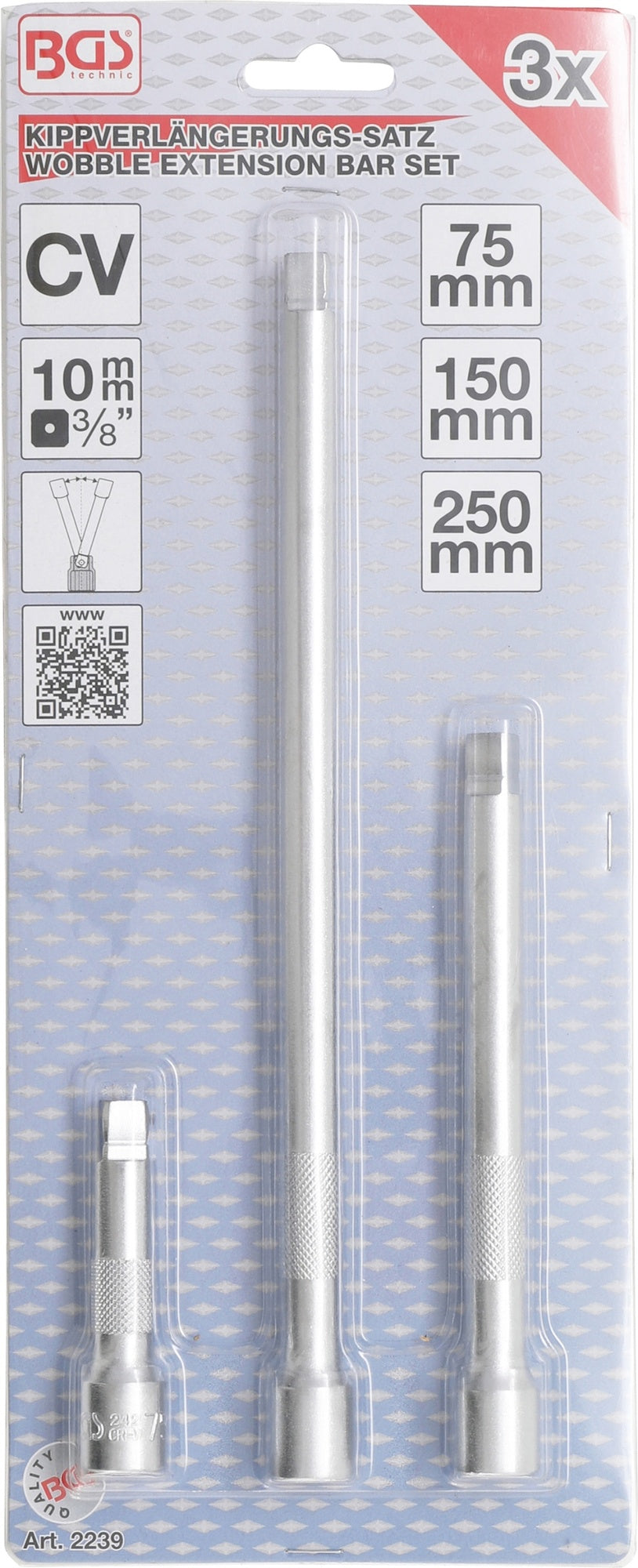 BGS 2239 Satz Kippverlängerung 10mm (3/8") Längen 75mm 150mm 250mm 3 teilig