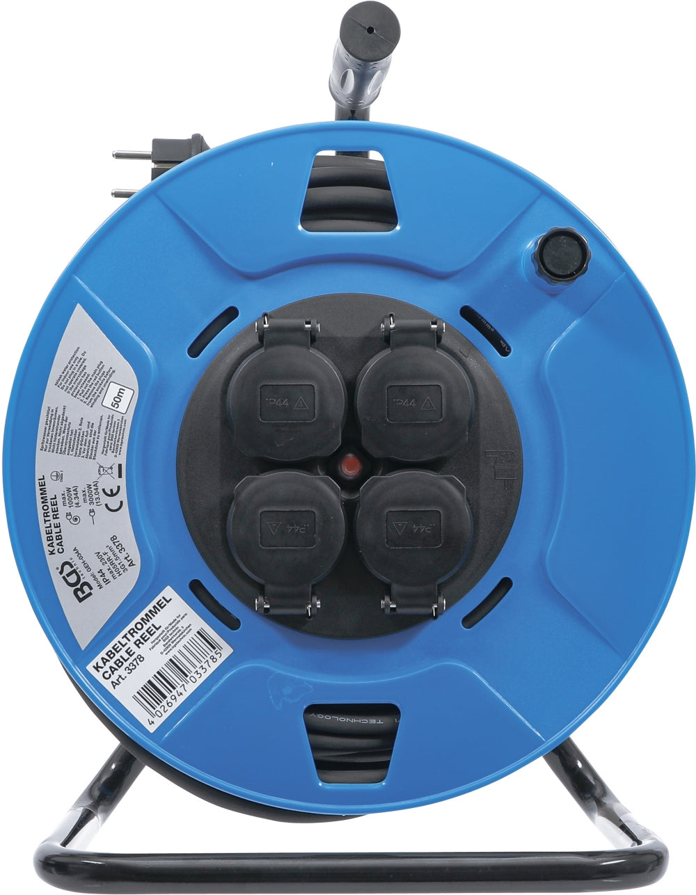 BGS 3378 Kabeltrommel 50m 3 x 1,5mm² 4 Steckdosen mit Verschlusskappe 3500W IP 44