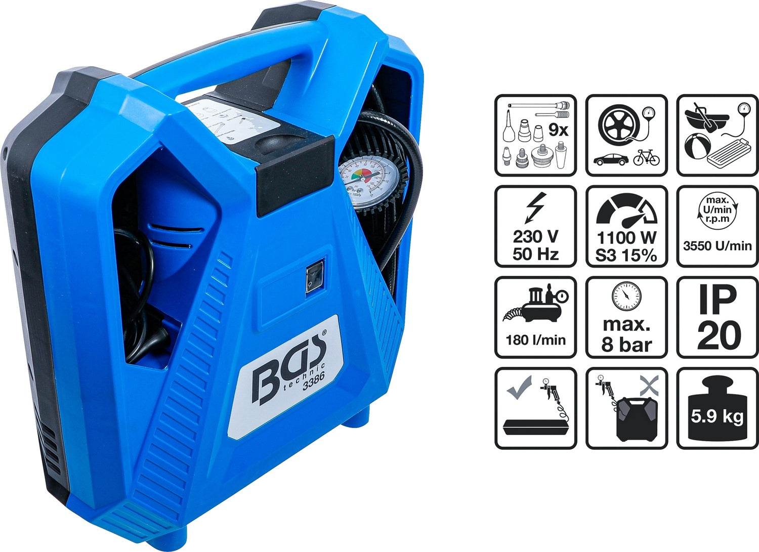 BGS 3386 Mobiler Druckluft Kompressor Druckluftpistole Manometer