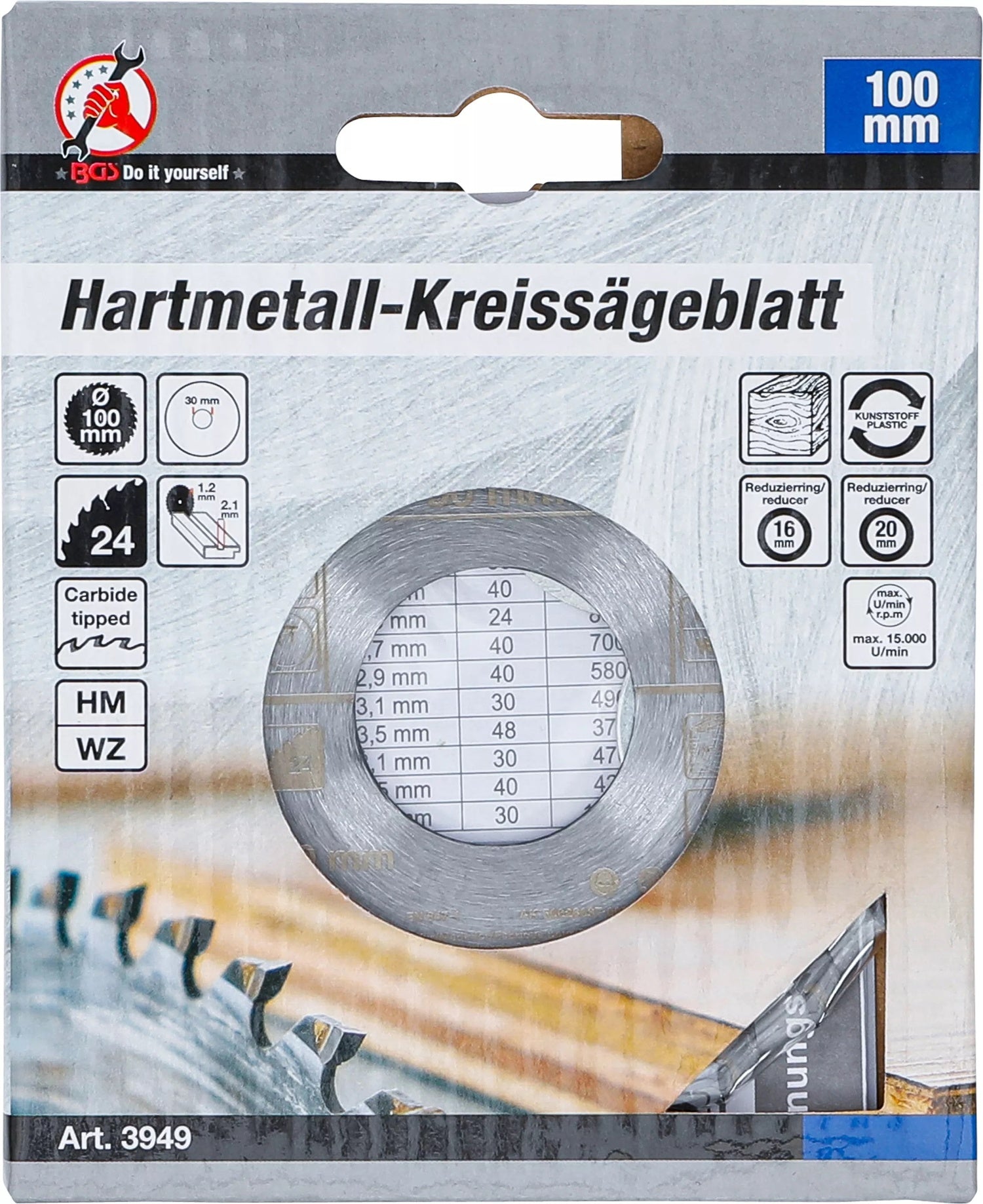 BGS DIY 3949 Hartmetall Kreissägeblatt Ø100 x 30 x 2,1mm 24 Zähne