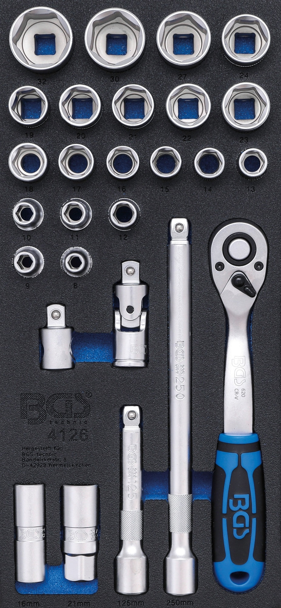 BGS 4126 Satz Steckschlüssel Antrieb 12,5mm (1/2") Werkstattwageneinlage 1/3 27 teilig