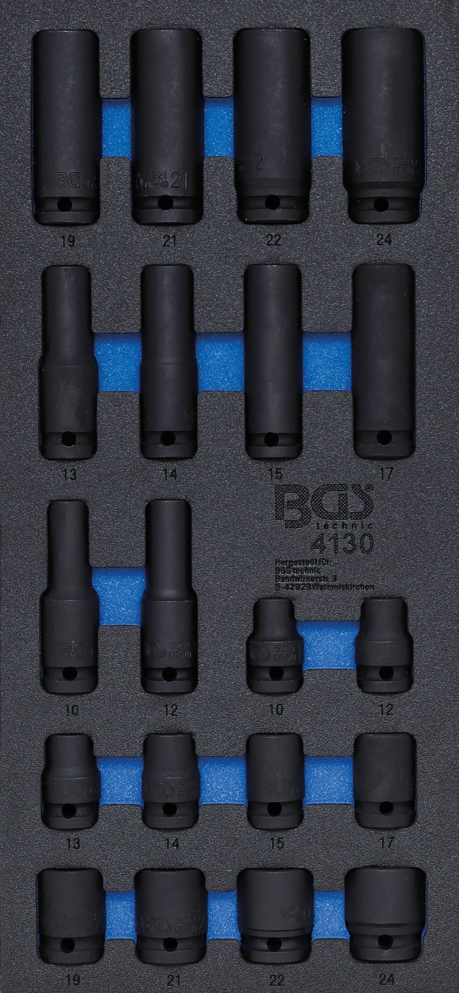 BGS 4130 Satz Kraft Steckschlüsseleinsätze Sechskant Antrieb 12,5mm (1/2") SW 10 - 24mm Werkstattwageneinlage 1/3