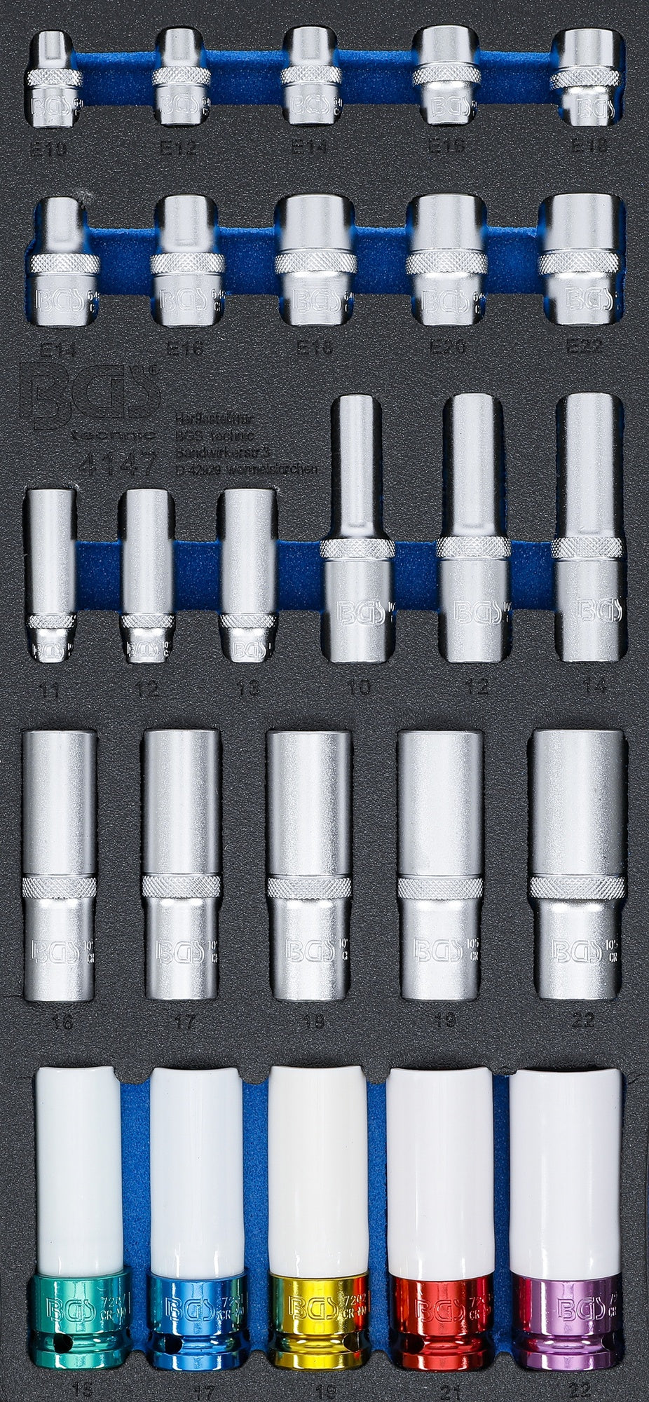 BGS 4147 Satz Steckschlüssel Einsätze Sechskant tief 11 - 22mm E-Profil E10 - E22 6,3mm (1/4") 10mm (3/8") 12,5mm (1/2") Werkstattwageneinlage 1/3