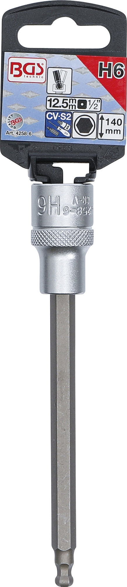 BGS 4258-6 Biteinsatz Innensechskant 6mm HX6 mit Kugelkopf Länge 140mm Antrieb 12,5mm (1/2")