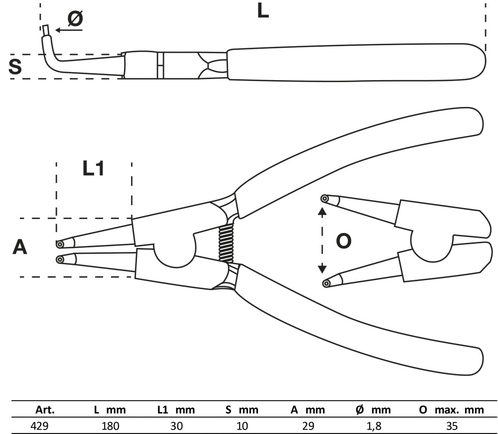 BGS 429 Sprengringzange gebogen für Außensprengringe Länge 180mm