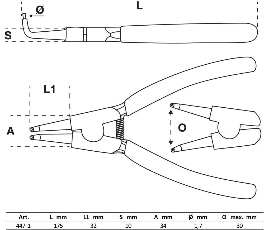 BGS 447-1 Sprengringzange abgewinkelt für Außensprengringe Länge 175mm
