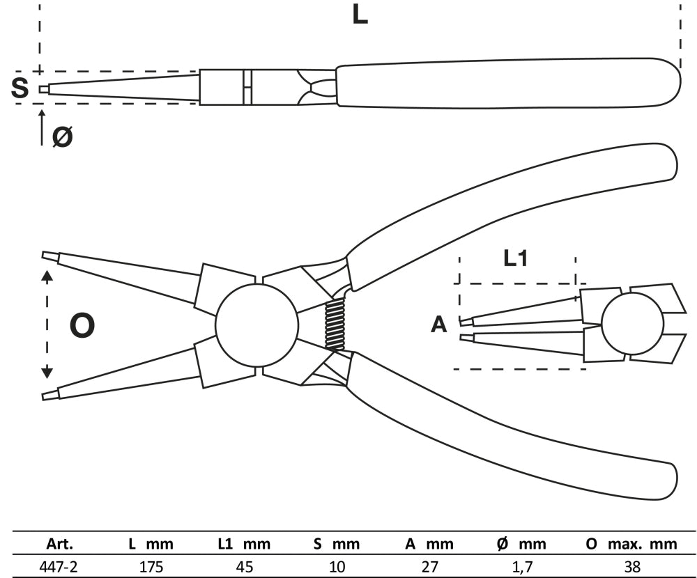 BGS 447-2 Sprengringzange gerade für Innensprengringe Länge 175mm