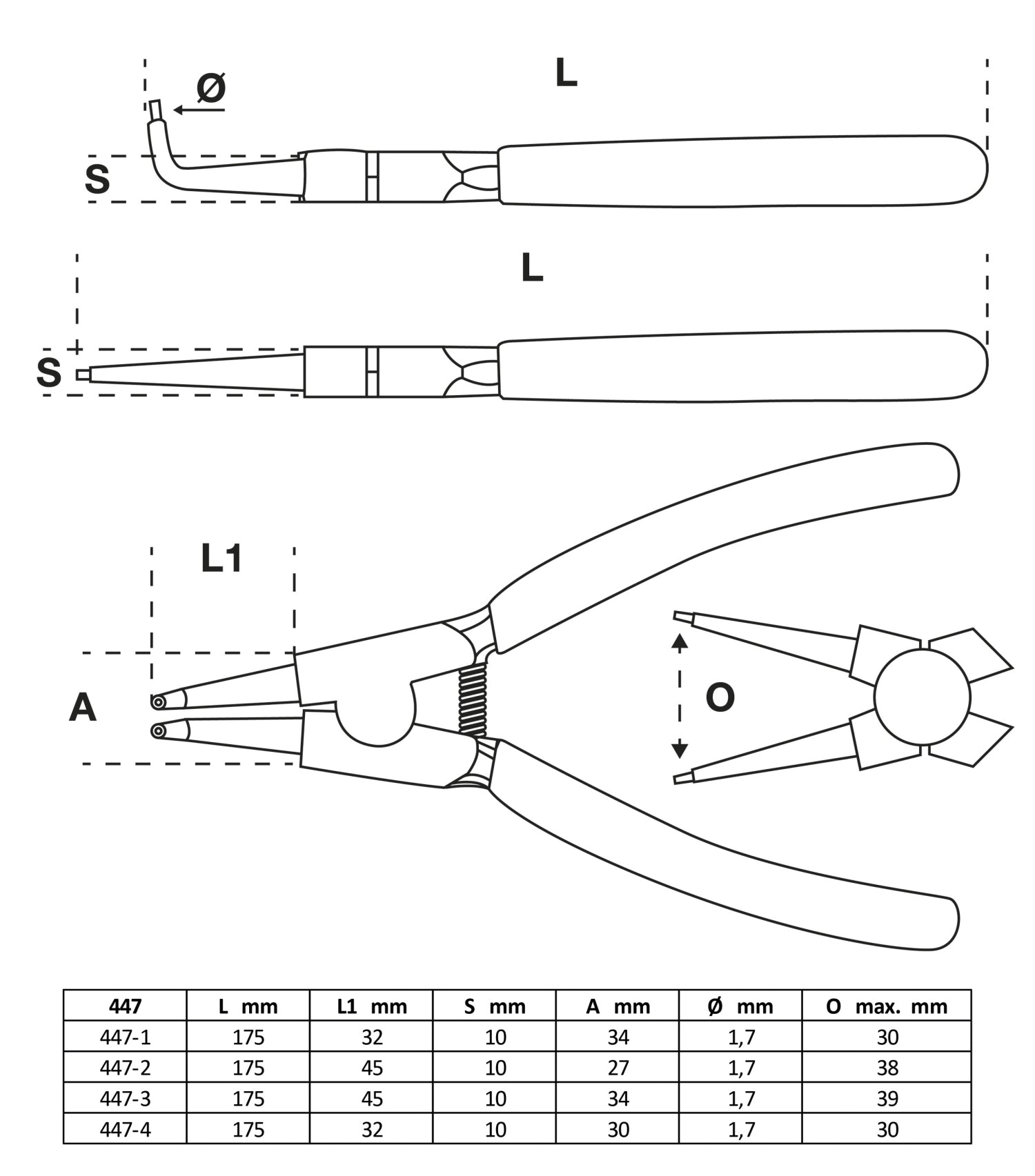 BGS 447 Satz Sprengringzangen / Zange für Sprengringe Länge 175mm 4 teilig