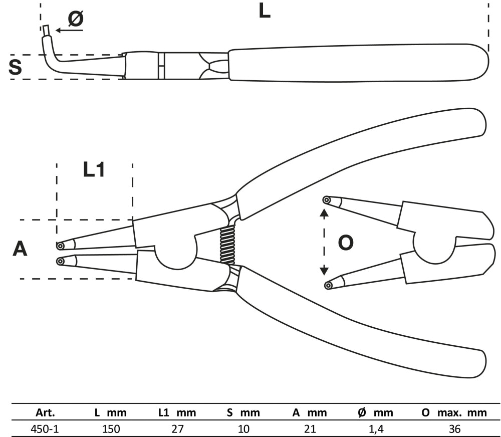 BGS 450-1 Sprengringzange abgewinkelt für Außensprengringe Länge 150mm