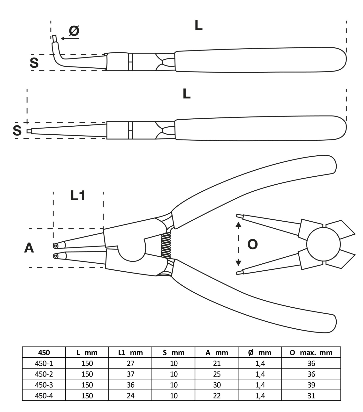 BGS 450 Satz Sprengringzangen / Zange für Sprengringe 4 teilig Länge 150mm