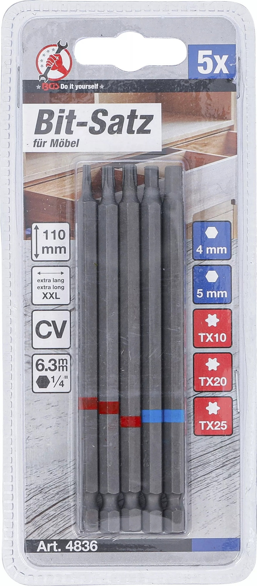 BGS DIY 4836 Bit Satz Außensechskant 6,3mm (1/4") Innensechskant T-Profil (für Torx) Länge 110mm 5 teilig