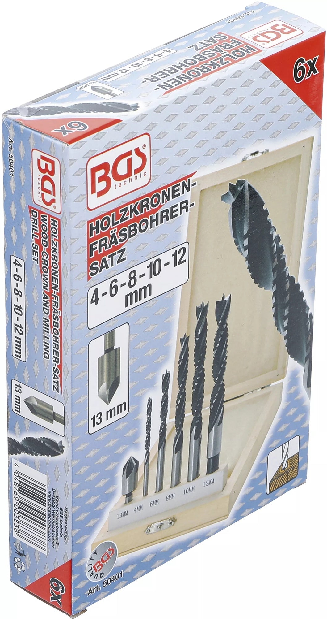 BGS 50401 Satz Holzkronenbohrer und Fräsbohrer 4 - 12mm 6 teilig