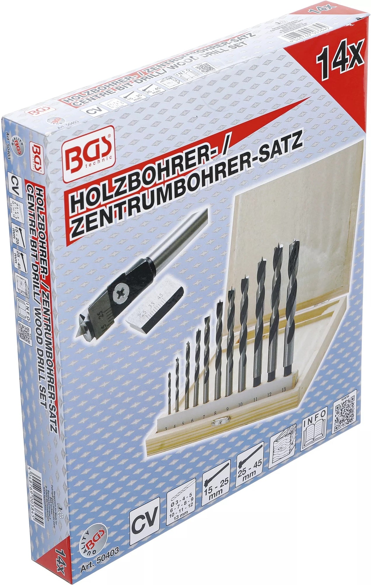 BGS 50403 Satz Holzbohrer und Zentrumbohrer 14 teilig