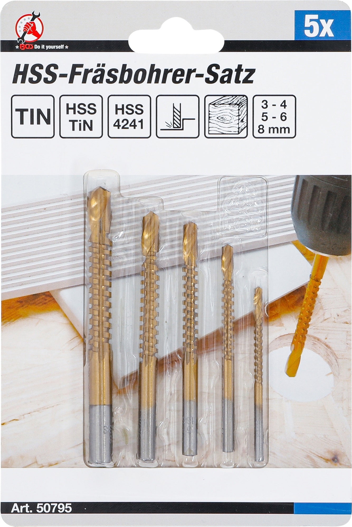 BGS DIY 50795 Satz HSS Fräsbohrer titan-nitriert 3-8mm 5 teilig