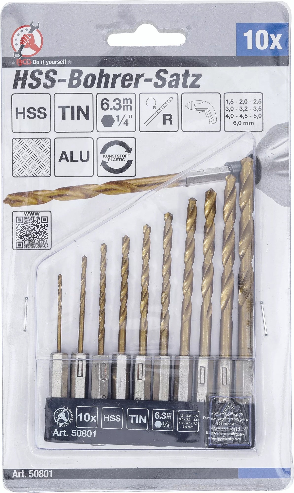 BGS DIY 50801 Satz HSS Bohrer titan-nitriert mit Sechskantschaft Ø1,5 - 6mm 10 teilig