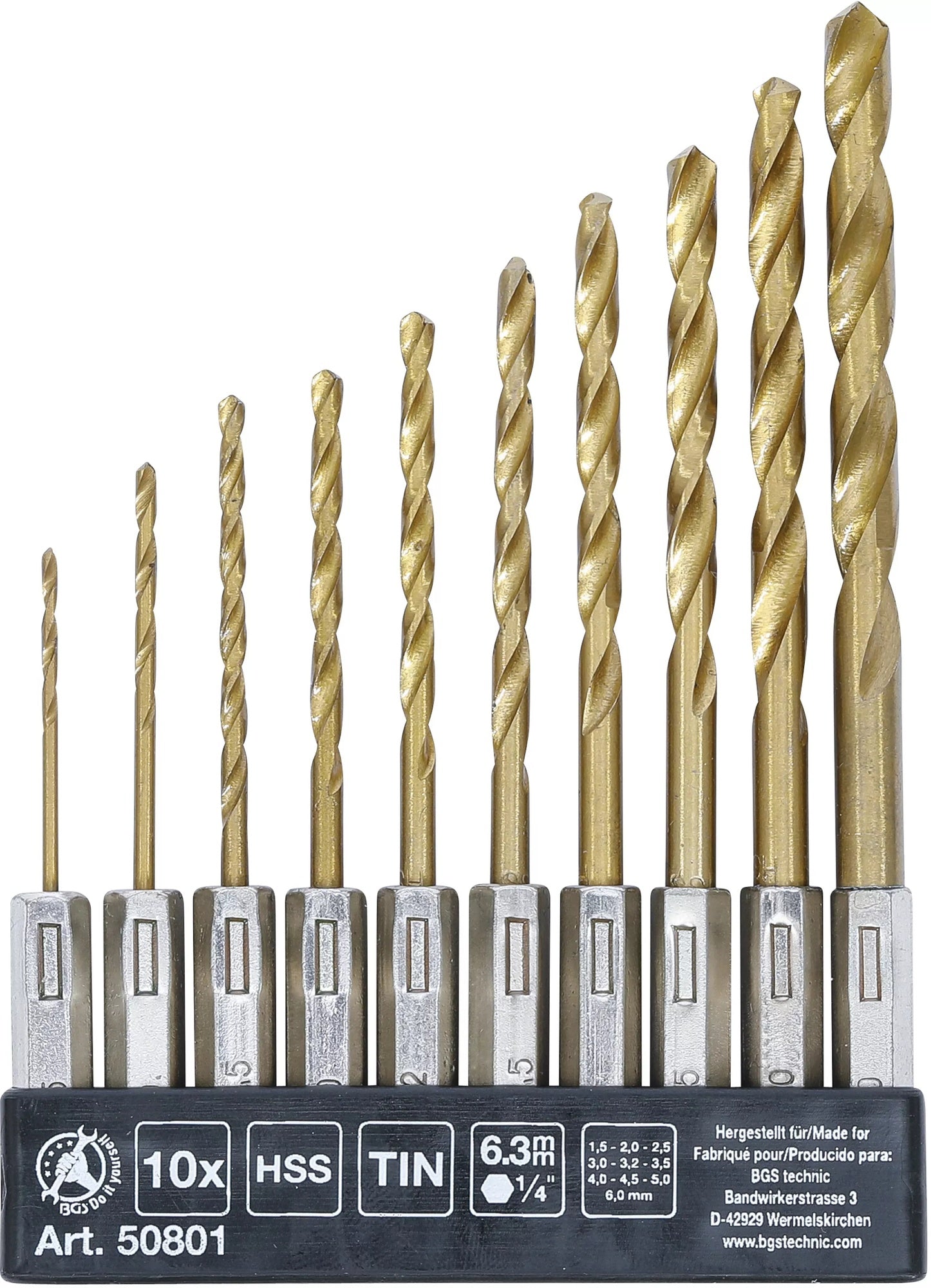 BGS DIY 50801 Satz HSS Bohrer titan-nitriert mit Sechskantschaft Ø1,5 - 6mm 10 teilig