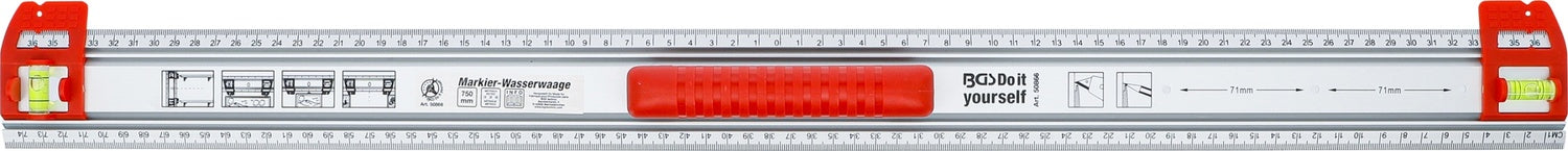 BGS DIY 50866 Schneidlineal Markierlineal mit Griff und Wasserwaage Länge 750mm