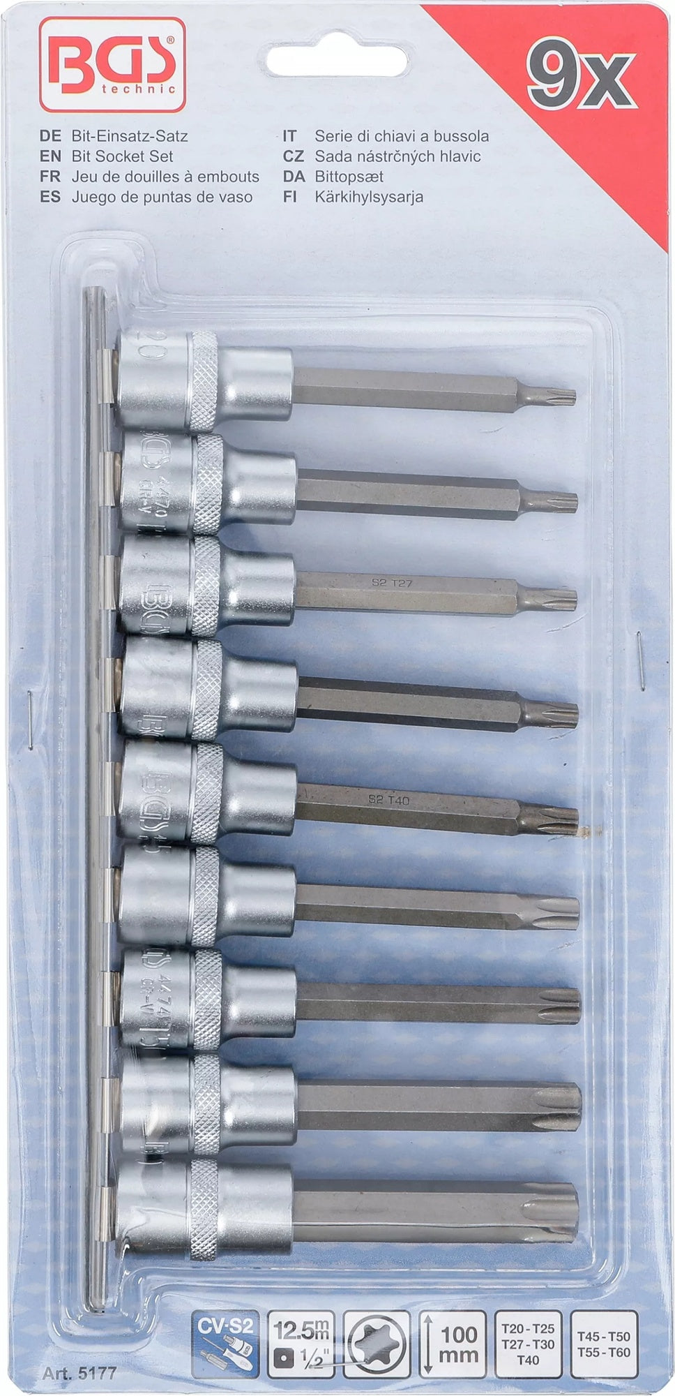BGS 5177 Satz Biteinsätze T-Profil (für Torx) T20 - T60 Antrieb Innenvierkant 12,5mm (1/2")